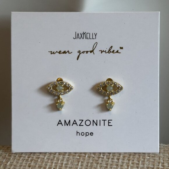 NEW Jax Kelly Green Amazonite Evil Eye Drop Earrings Hope Stone Hypoallergenic - Picture 1 of 8